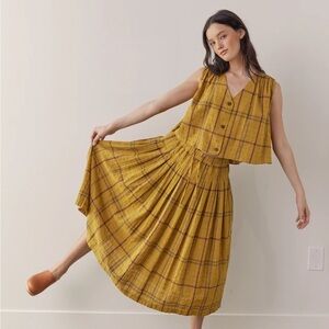 Elegant Yellow Plaid Midi Skirt & Shirt Set